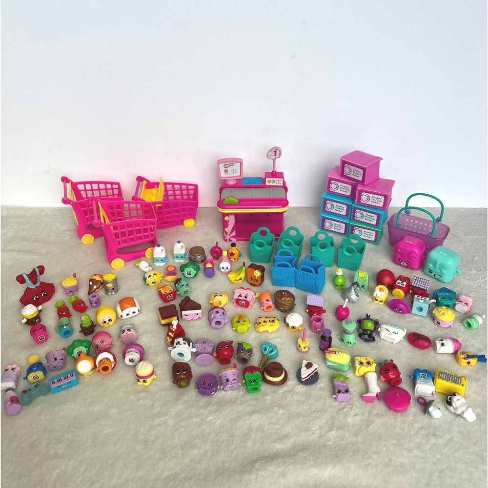 Shopkins Mega Lot 100pc+ Moose Checkout Counter Shopping Carts Bags Chef Club